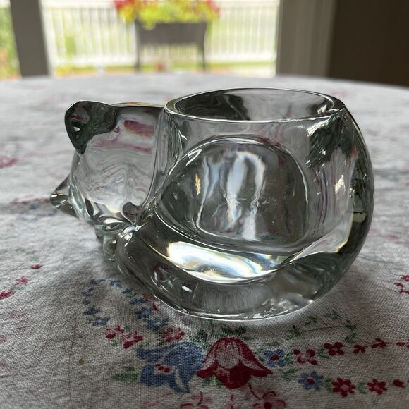 Vintage Indiana Clear Glass Sleeping Cat Votive Candle Tealight Holder Made USA - Picture 4 of 7